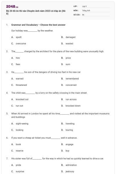 Bộ 20 đề ôn thi vào Chuyên Anh năm 2023 có đáp án (Đề 8)