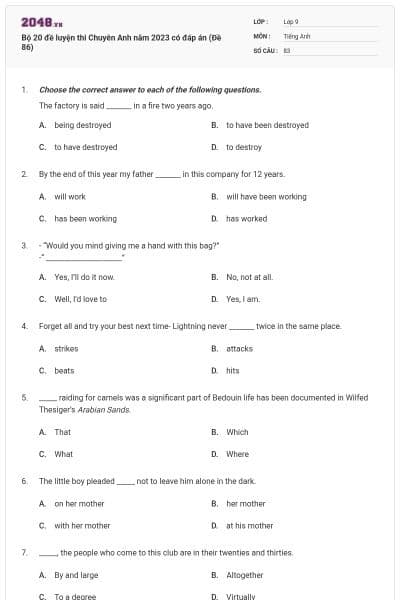 Bộ 20 đề luyện thi Chuyên Anh năm 2023 có đáp án (Đề 86)