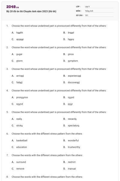 Bộ 20 đề ôn thi Chuyên Anh năm 2023 (Đề 66)