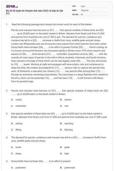 Bộ 20 đề luyện thi Chuyên Anh năm 2023 có đáp án (Đề 87)