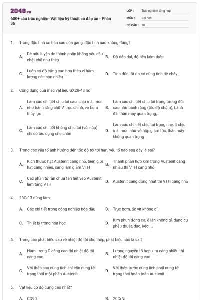 600+ câu trắc nghiệm Vật liệu kỹ thuật có đáp án - Phần 36