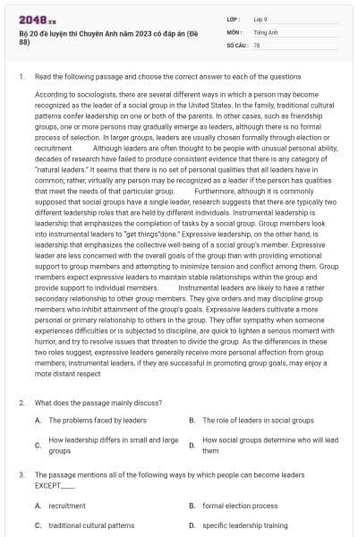 Bộ 20 đề luyện thi Chuyên Anh năm 2023 có đáp án (Đề 88)