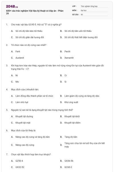 600+ câu trắc nghiệm Vật liệu kỹ thuật có đáp án - Phần 39
