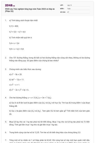 5920 câu Trắc nghiệm tổng hợp môn Toán 2023 có đáp án (Phần 53)