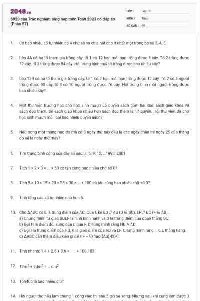 5920 câu Trắc nghiệm tổng hợp môn Toán 2023 có đáp án (Phần 57)