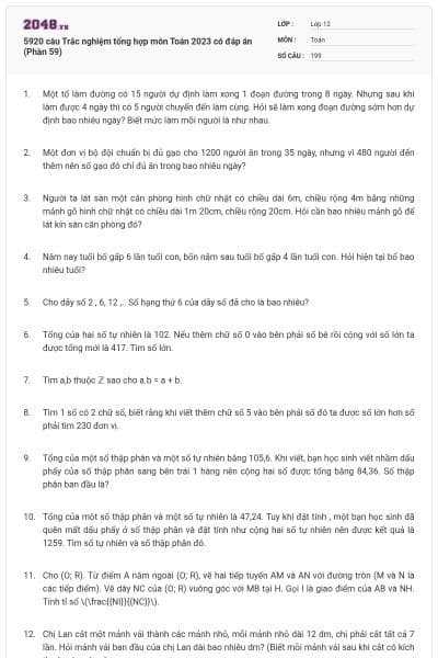 5920 câu Trắc nghiệm tổng hợp môn Toán 2023 có đáp án (Phần 59)