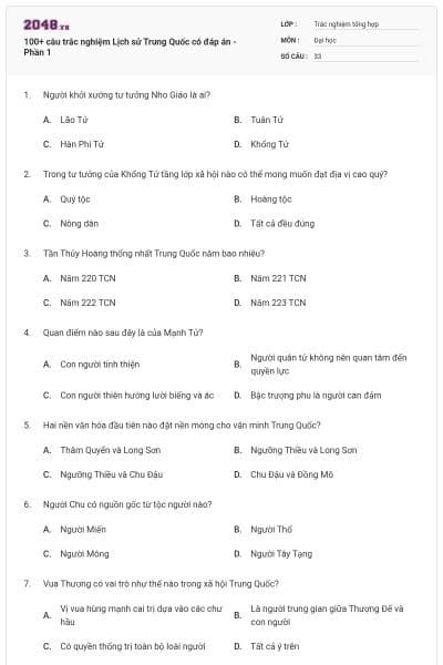 100+ câu trắc nghiệm Lịch sử Trung Quốc có đáp án - Phần 1