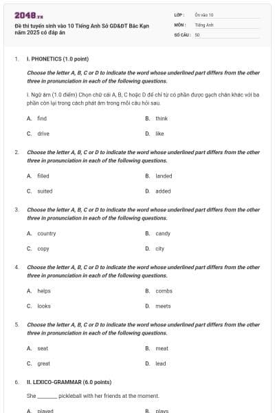 Đề thi tuyến sinh vào 10 Tiếng Anh Sở GD&ĐT Bắc Kạn năm 2025 có đáp án