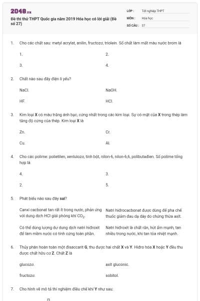 Đề thi thử THPT Quốc gia năm 2019 Hóa học có lời giải (Đề số 27)