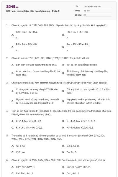 800+ câu trắc nghiệm Hóa học đại cương - Phần 8