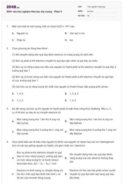 800+ câu trắc nghiệm Hóa học đại cương - Phần 9