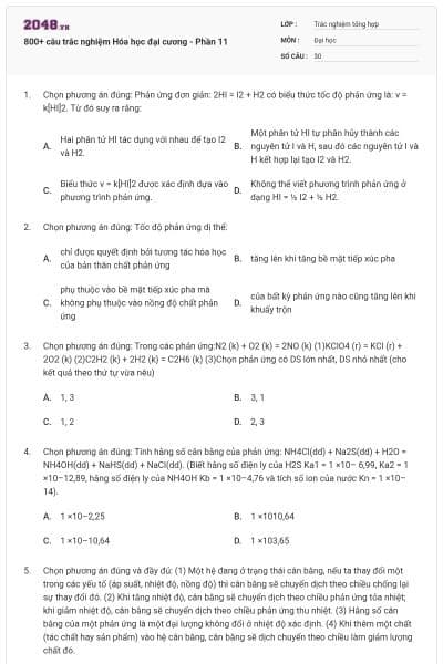800+ câu trắc nghiệm Hóa học đại cương - Phần 11