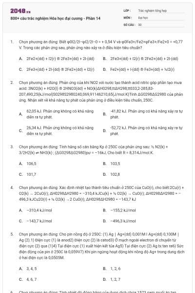 800+ câu trắc nghiệm Hóa học đại cương - Phần 14