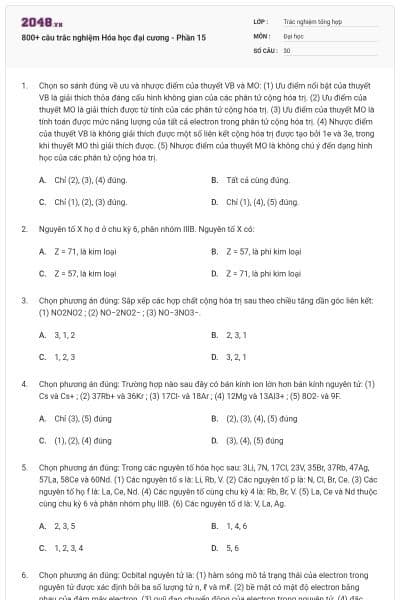 800+ câu trắc nghiệm Hóa học đại cương - Phần 15