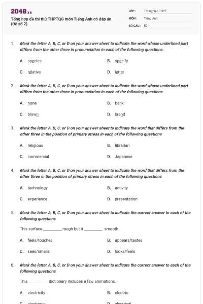 Tổng hợp đề thi thử THPTQG môn Tiếng Anh có đáp án (Đề số 2)