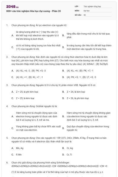 800+ câu trắc nghiệm Hóa học đại cương - Phần 20