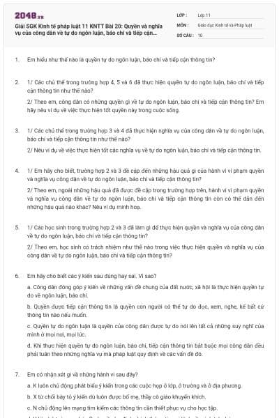 Giải SGK Kinh tế pháp luật 11 KNTT Bài 20: Quyền và nghĩa vụ của công dân về tự do ngôn luận, báo chí và tiếp cận thông tin có đáp án