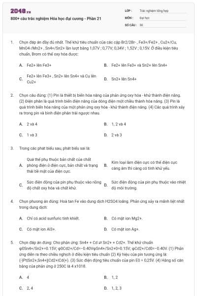 800+ câu trắc nghiệm Hóa học đại cương - Phần 21