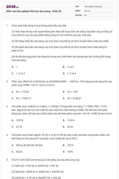 800+ câu trắc nghiệm Hóa học đại cương - Phần 29