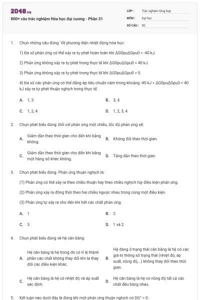 800+ câu trắc nghiệm Hóa học đại cương - Phần 31