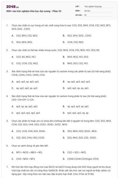 800+ câu trắc nghiệm Hóa học đại cương - Phần 33