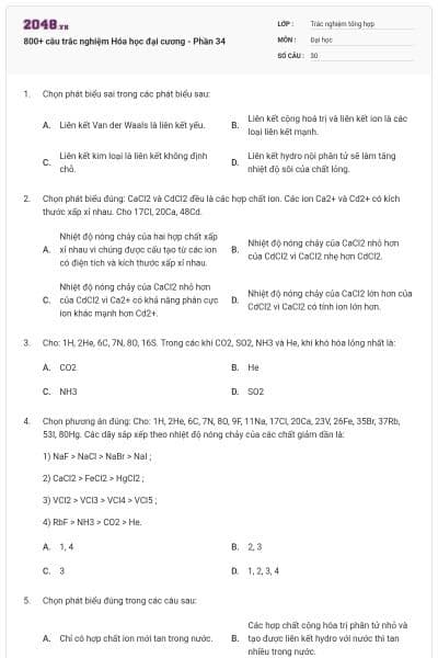 800+ câu trắc nghiệm Hóa học đại cương - Phần 34
