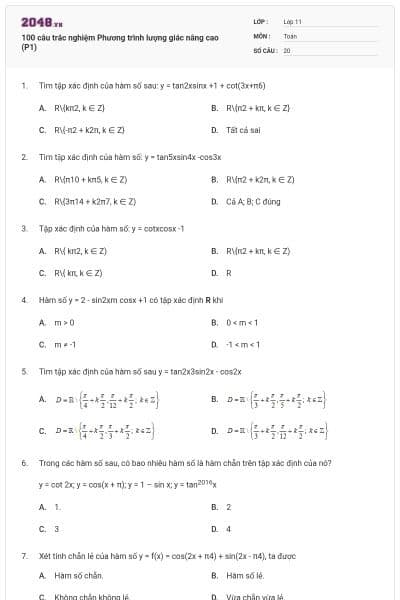 100 câu trắc nghiệm Phương trình lượng giác nâng cao (P1)