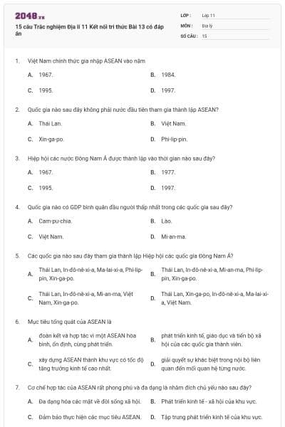 15 câu Trắc nghiệm Địa lí 11 Kết nối tri thức Bài 13 có đáp án