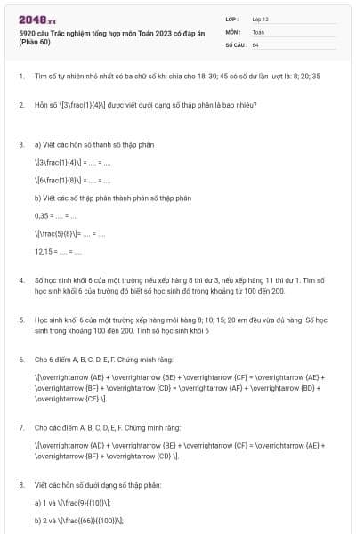 5920 câu Trắc nghiệm tổng hợp môn Toán 2023 có đáp án (Phần 60)