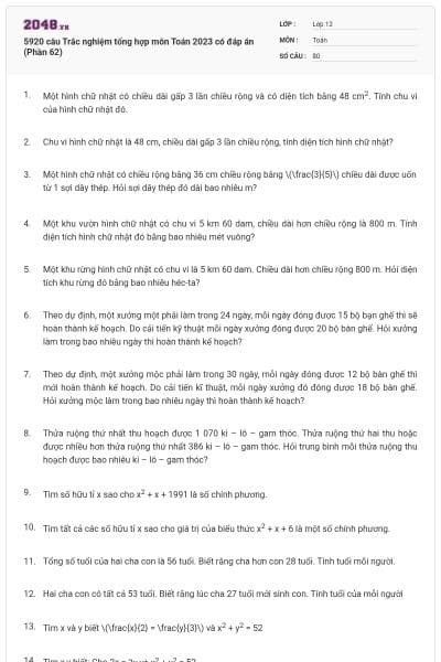 5920 câu Trắc nghiệm tổng hợp môn Toán 2023 có đáp án (Phần 62)