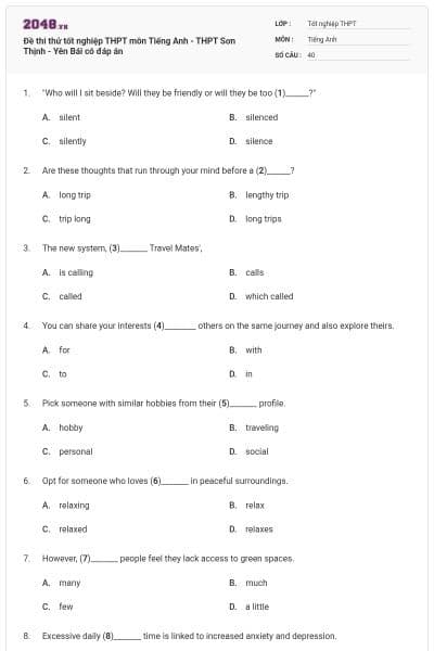 Đề thi thử tốt nghiệp THPT môn Tiếng Anh - THPT Sơn Thịnh - Yên Bái có đáp án