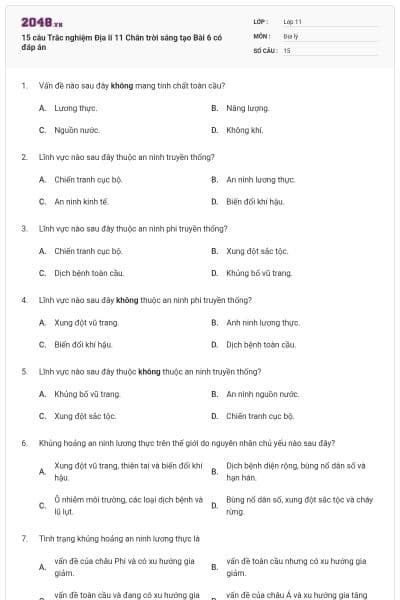 15 câu Trắc nghiệm Địa lí 11 Chân trời sáng tạo Bài 6 có đáp án