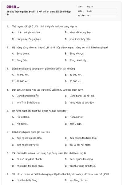 16 câu Trắc nghiệm Địa lí 11 Kết nối tri thức Bài 20 có đáp án