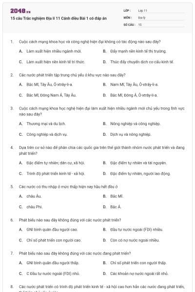 15 câu Trắc nghiệm Địa lí 11 Cánh diều Bài 1 có đáp án