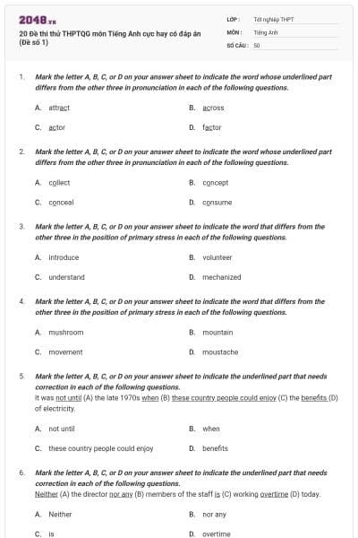 20 Đề thi thử THPTQG môn Tiếng Anh cực hay có đáp án (Đề số 1)