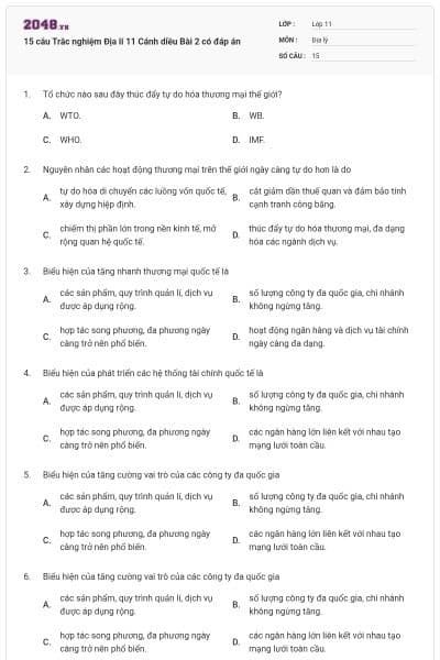 15 câu Trắc nghiệm Địa lí 11 Cánh diều Bài 2 có đáp án