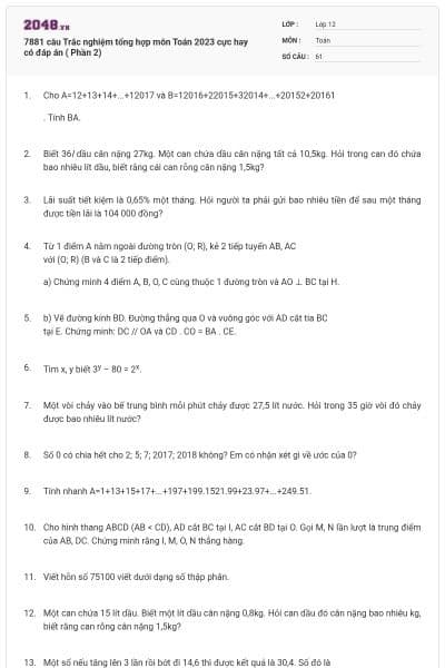7881 câu Trắc nghiệm tổng hợp môn Toán 2023 cực hay có đáp án ( Phần 2)