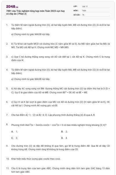 7881 câu Trắc nghiệm tổng hợp môn Toán 2023 cực hay có đáp án ( Phần 3)