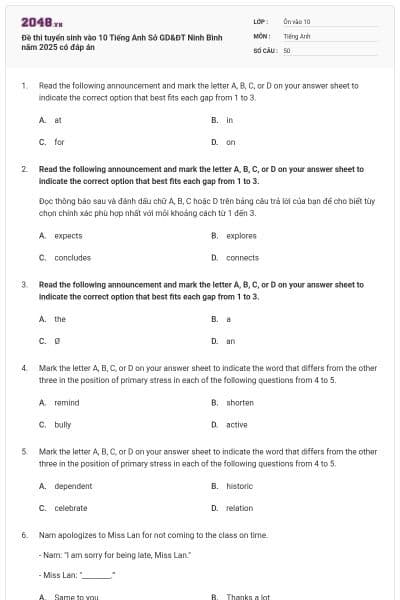 Đề thi tuyển sinh vào 10 Tiếng Anh Sở GD&ĐT Ninh Bình năm 2025 có đáp án