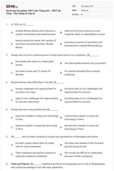 Đề thi thử tốt nghiệp THPT môn Tiếng Anh - THPT Gò Công - Tiền Giang có đáp án
