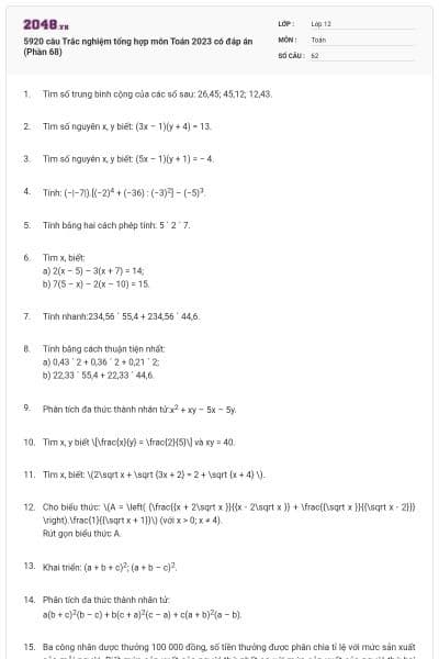 5920 câu Trắc nghiệm tổng hợp môn Toán 2023 có đáp án (Phần 68)