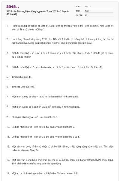 5920 câu Trắc nghiệm tổng hợp môn Toán 2023 có đáp án (Phần 69)