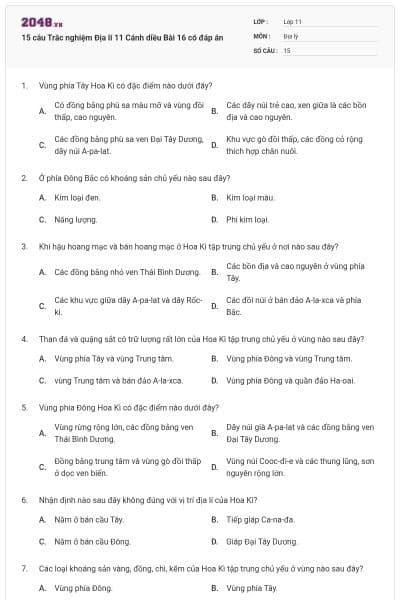 15 câu Trắc nghiệm Địa lí 11 Cánh diều Bài 16 có đáp án