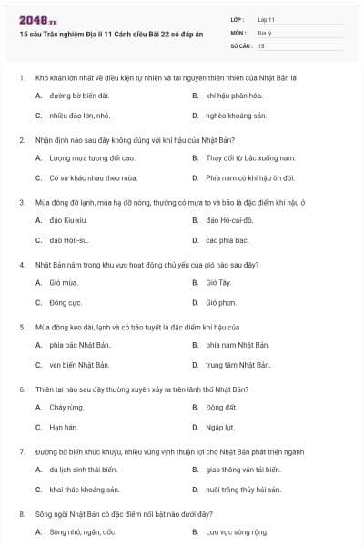 15 câu Trắc nghiệm Địa lí 11 Cánh diều Bài 22 có đáp án
