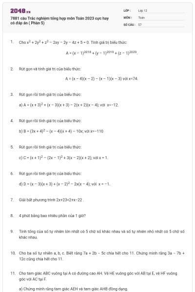 7881 câu Trắc nghiệm tổng hợp môn Toán 2023 cực hay có đáp án ( Phần 5)