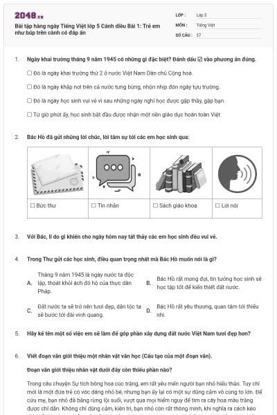 Bài tập hàng ngày Tiếng Việt lớp 5 Cánh diều Bài 1: Trẻ em như búp trên cành có đáp án