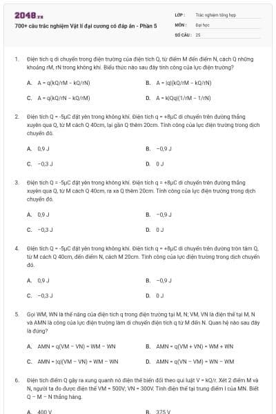 700+ câu trắc nghiệm Vật lí đại cương có đáp án - Phần 5
