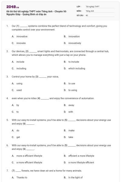 Đề thi thử tốt nghiệp THPT môn Tiếng Anh - Chuyên Võ Nguyên Giáp - Quảng Bình có đáp án