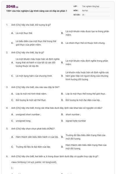 100+ câu trắc nghiệm Lập trình nâng cao có đáp án phần 1
