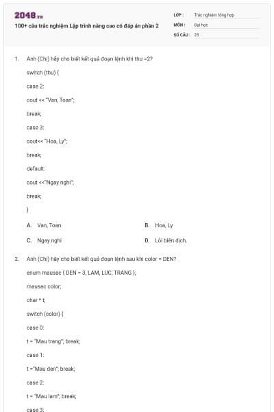 100+ câu trắc nghiệm Lập trình nâng cao có đáp án phần 2